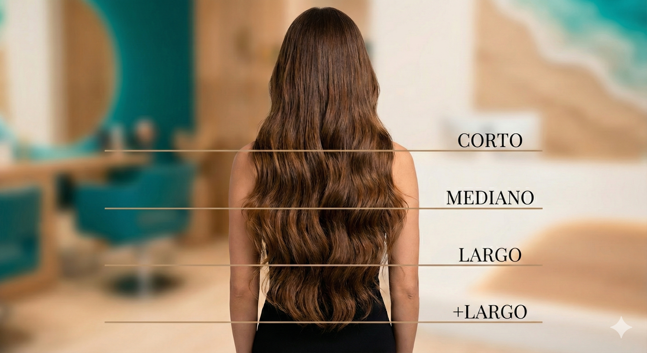 A minimalist, elegant line-art illustration or clean photo of a woman from behind, showing beautiful healthy hair. There are three horizontal dotted lines across her back. The first line is at the shoulders labeled 'Corto'. The second line is at the elbows labeled 'Mediano'. The third line is at the waist labeled 'Largo'. The style is soft, utilizing the Esencia Belleza brand colors (Teal and Sand), white background, high-end salon aesthetic.